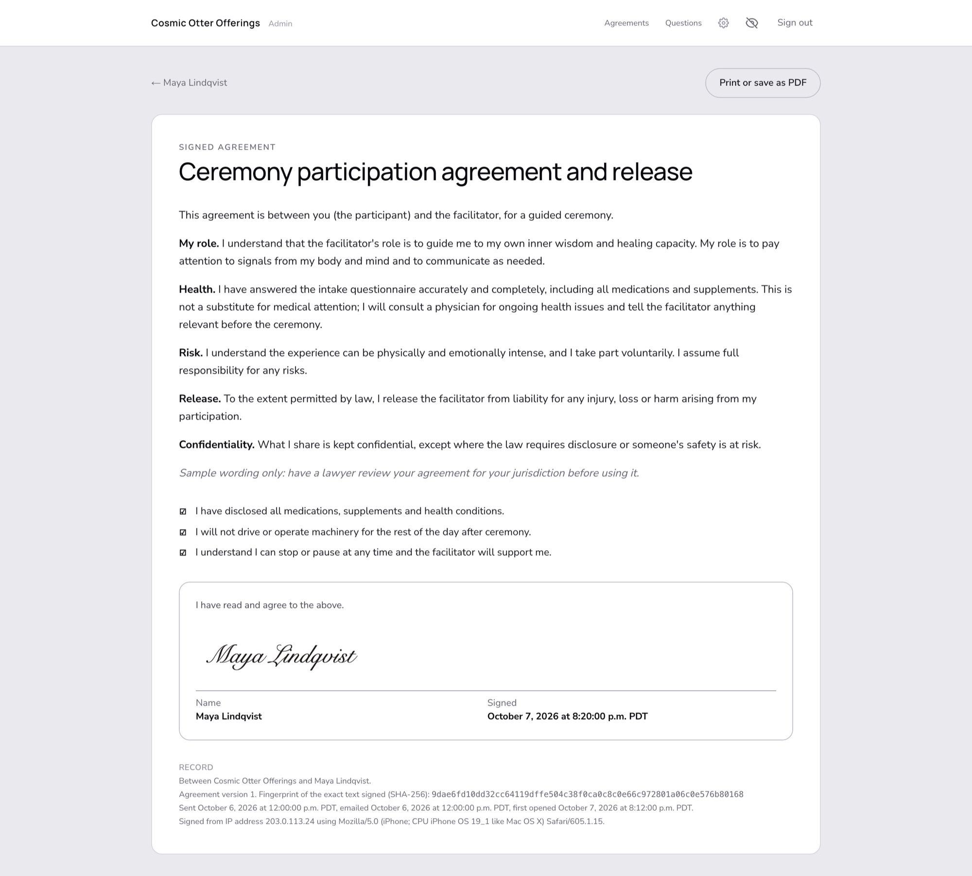 A signed participation agreement with a signature, the signing time and an audit record
