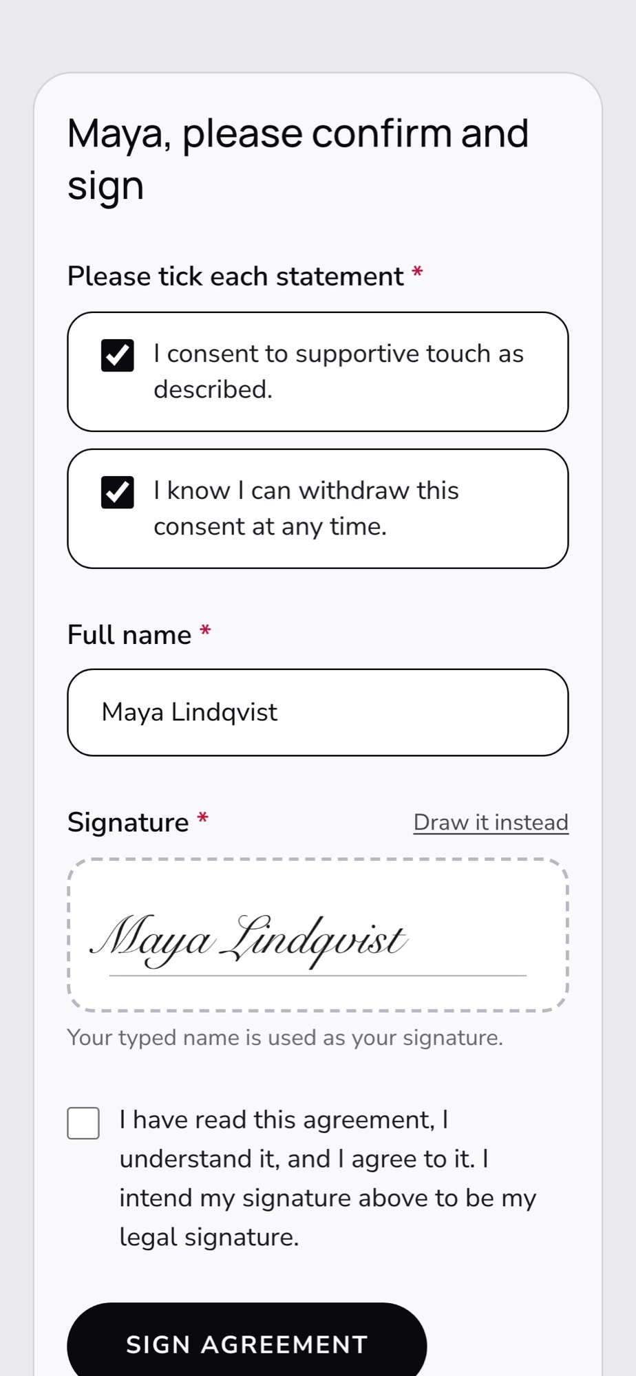 Signing a consent form on a phone with a typed signature